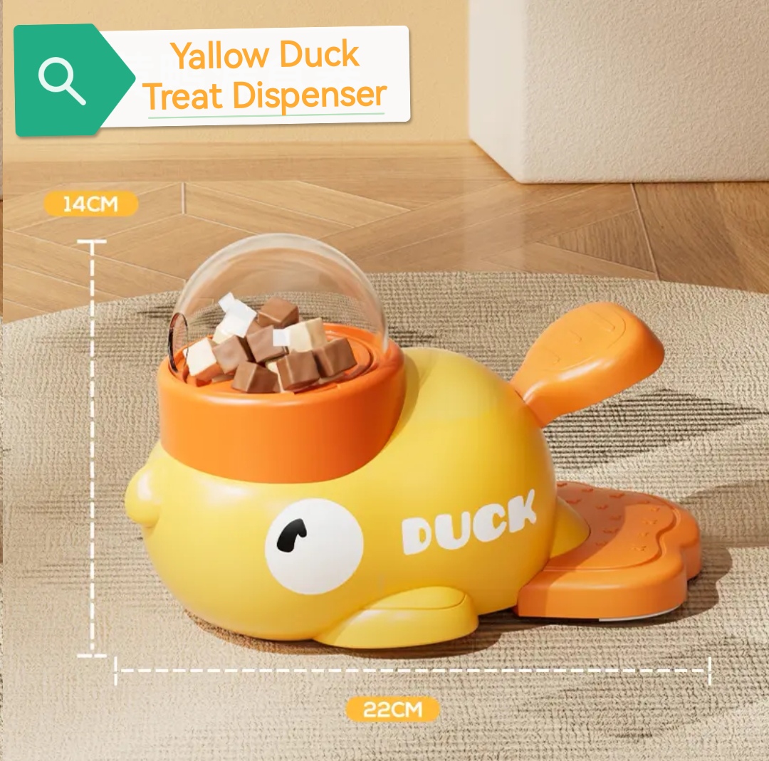 Yellow Duck Treat Dispenser Toy for Cats & Dogs – Press-to-Dispense Interactive Puzzle Feeder with Freeze-Dried Snack Launcher, Self-Play Fun for Small Pets